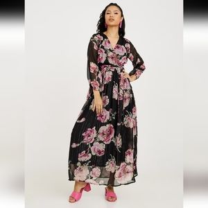 Alexa B Floral Belted Sparkle Sheen Maxi Dress